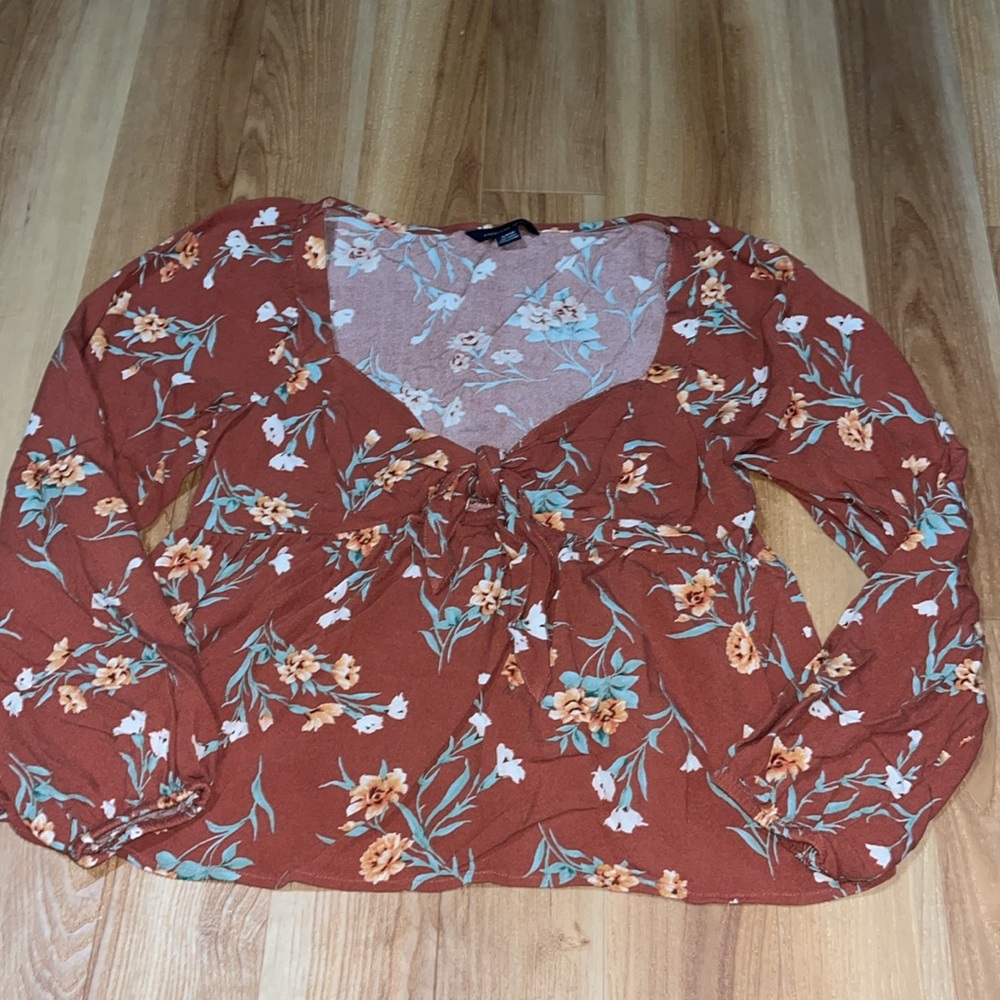 American Eagle Outfitters Brown and White Puff Sleeve Blouse - Picture 2 of 5